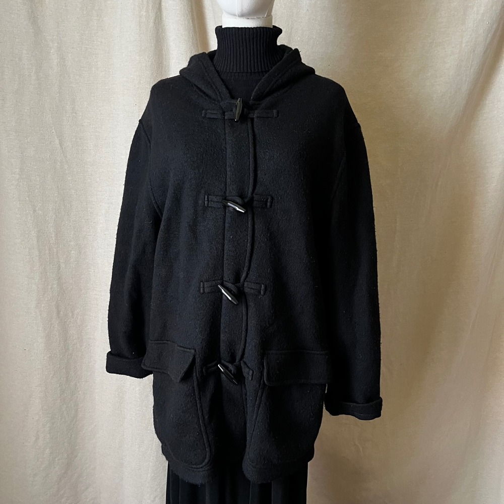 Vintage Jones New York Sport 100% Wool Hooded Toggle Sweater Coat Black M